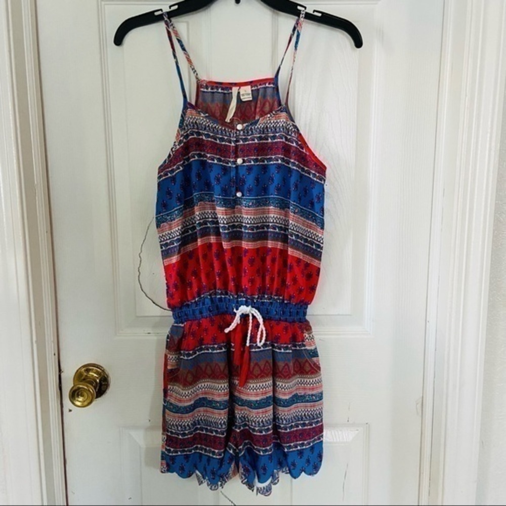 SHRINKING VIOLET pink & blue western scalloped spaghetti strap romper Size small